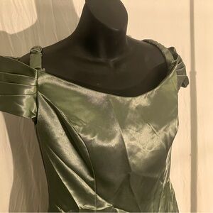 1990s unique boutique vintage sage green shimmery offf-shoulder dresses